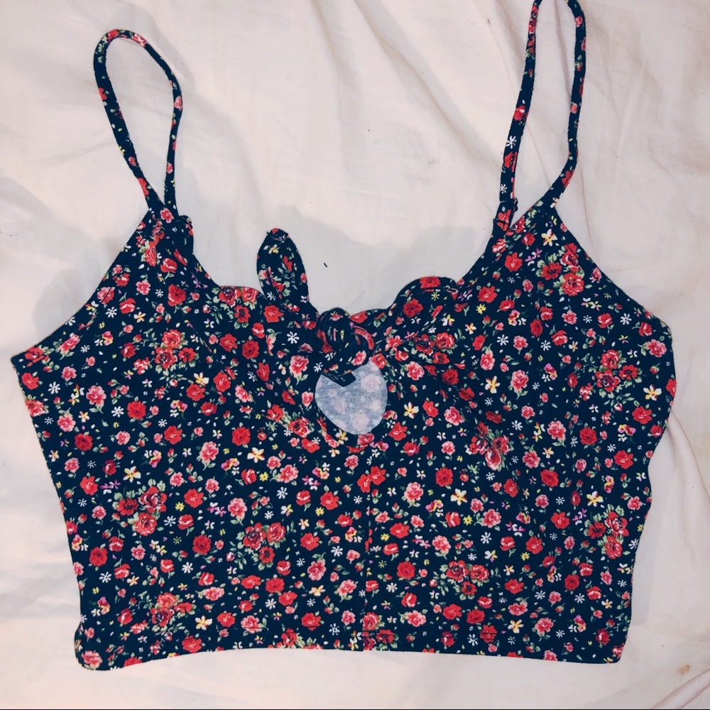 TOPSHOP Cut-Out Tie Floral Black Crop Top Size 6